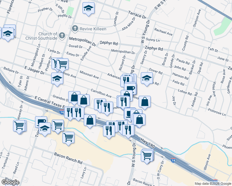 map of restaurants, bars, coffee shops, grocery stores, and more near 1600 Illinois Avenue in Killeen