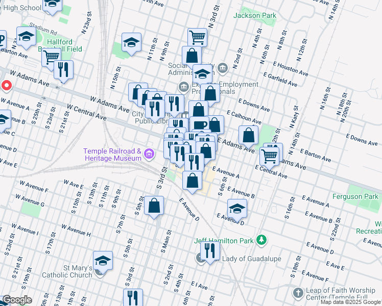 map of restaurants, bars, coffee shops, grocery stores, and more near 1 South Main Street in Temple
