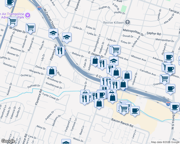 map of restaurants, bars, coffee shops, grocery stores, and more near 2307 Athens Street in Killeen