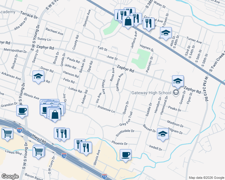 map of restaurants, bars, coffee shops, grocery stores, and more near 1401 Rose Avenue in Killeen
