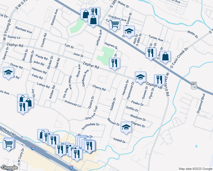 map of restaurants, bars, coffee shops, grocery stores, and more near 1400 Dugger Circle in Killeen
