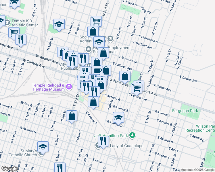 map of restaurants, bars, coffee shops, grocery stores, and more near 156 East Central Avenue in Temple