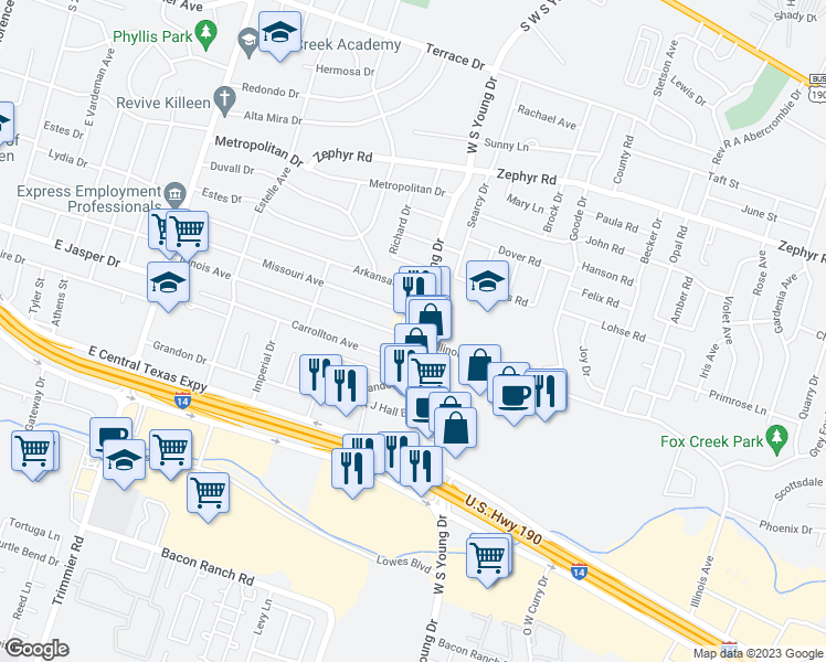 map of restaurants, bars, coffee shops, grocery stores, and more near 1807 South West South Young Drive in Killeen