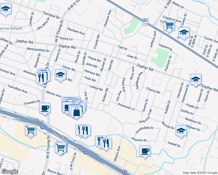 map of restaurants, bars, coffee shops, grocery stores, and more near 2702 Jade Road in Killeen
