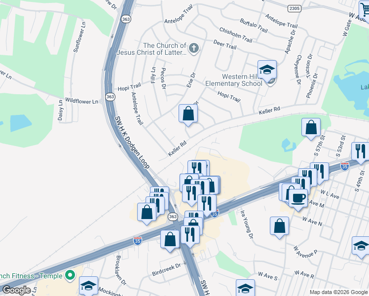 map of restaurants, bars, coffee shops, grocery stores, and more near 3805 Keller Road in Temple