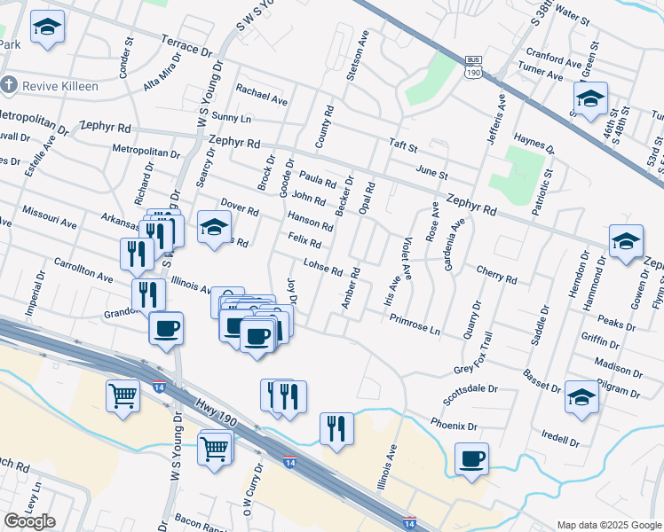 map of restaurants, bars, coffee shops, grocery stores, and more near 1510 Becker Drive in Killeen