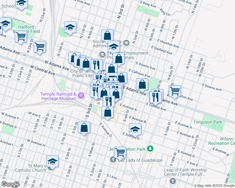 map of restaurants, bars, coffee shops, grocery stores, and more near 156 East Central Avenue in Temple