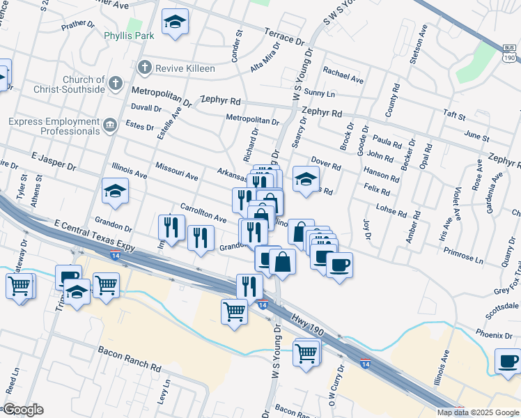 map of restaurants, bars, coffee shops, grocery stores, and more near 1613 Illinois Avenue in Killeen