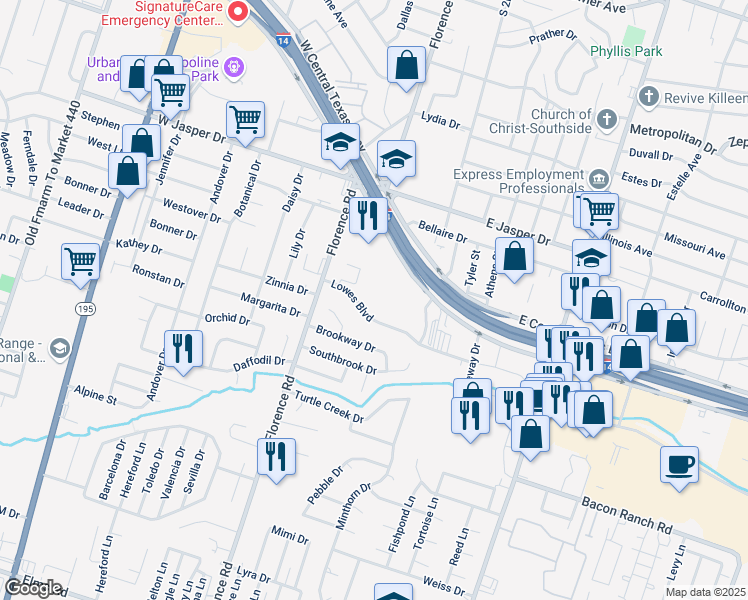 map of restaurants, bars, coffee shops, grocery stores, and more near 211 Lowes Boulevard in Killeen
