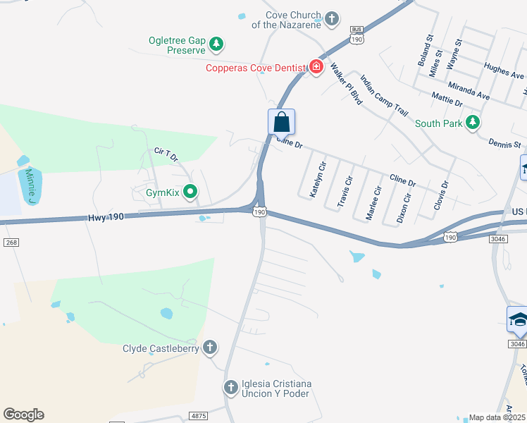 map of restaurants, bars, coffee shops, grocery stores, and more near 1821 West Highway 190 in Copperas Cove