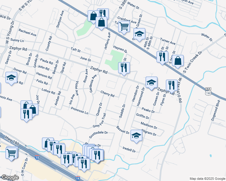 map of restaurants, bars, coffee shops, grocery stores, and more near 1400 Dugger Circle in Killeen