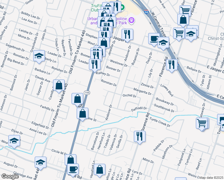 map of restaurants, bars, coffee shops, grocery stores, and more near 403 Orchid Drive in Killeen