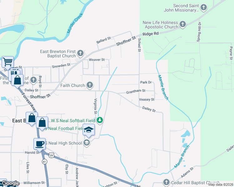 map of restaurants, bars, coffee shops, grocery stores, and more near 908 Dailey St in East Brewton