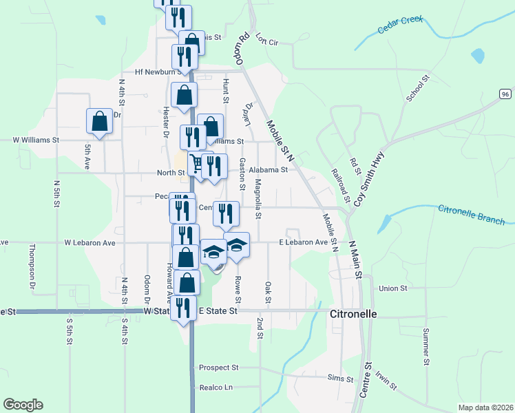 map of restaurants, bars, coffee shops, grocery stores, and more near 8080 Centre St in Citronelle