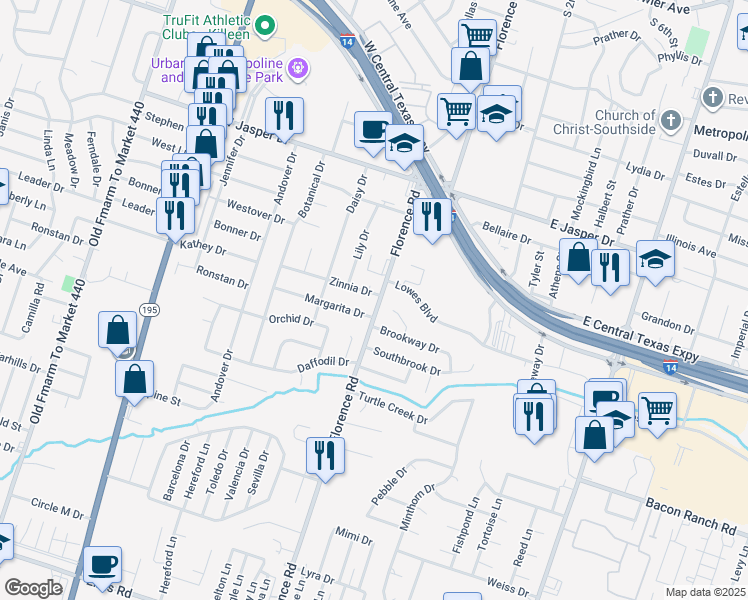 map of restaurants, bars, coffee shops, grocery stores, and more near 102 Zinnia Drive in Killeen