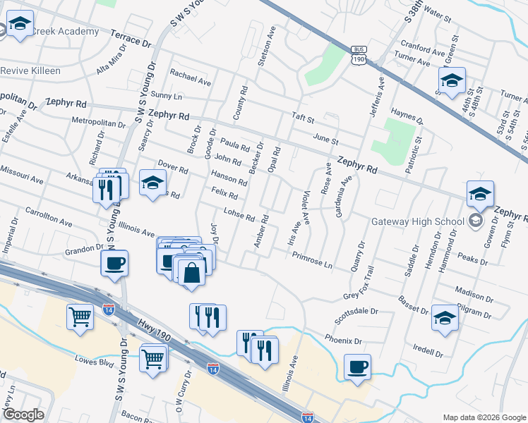 map of restaurants, bars, coffee shops, grocery stores, and more near 2702 Jade Road in Killeen