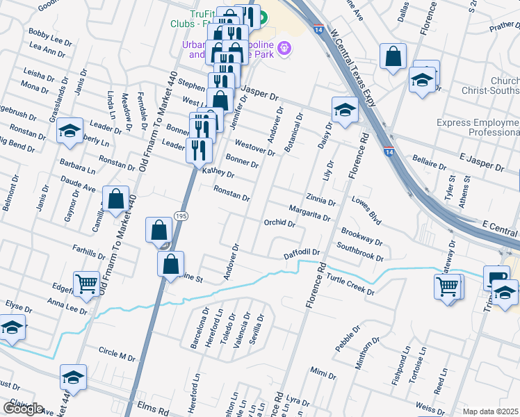 map of restaurants, bars, coffee shops, grocery stores, and more near 2321 Botanical Drive in Killeen