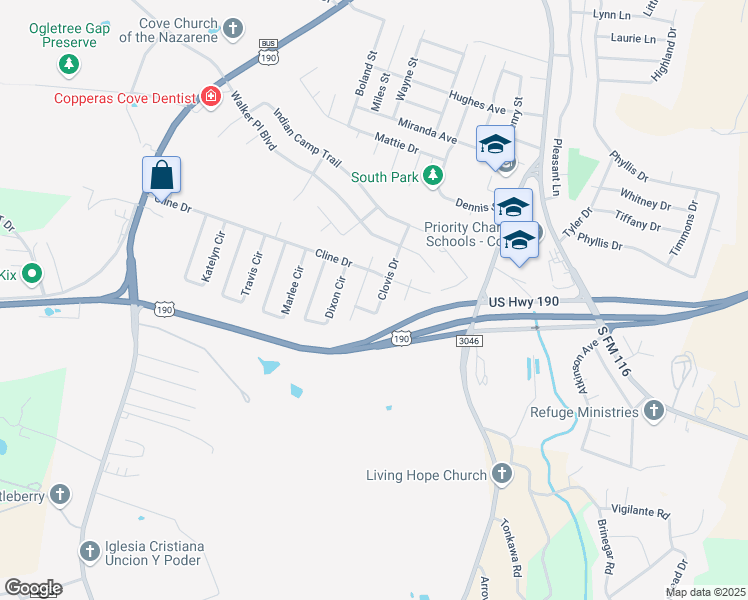 map of restaurants, bars, coffee shops, grocery stores, and more near 1111 Dixon Circle in Copperas Cove