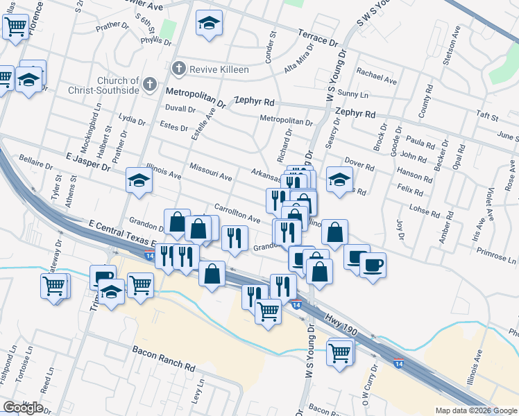 map of restaurants, bars, coffee shops, grocery stores, and more near 1600 Illinois Avenue in Killeen