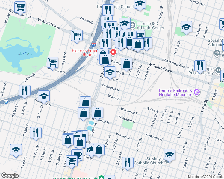 map of restaurants, bars, coffee shops, grocery stores, and more near 1411 West Avenue D in Temple