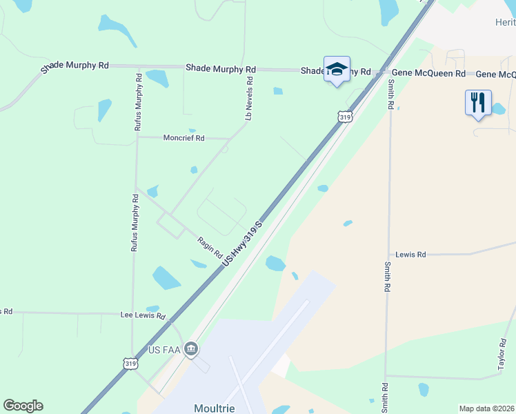 map of restaurants, bars, coffee shops, grocery stores, and more near 984 US Highway 319 South in Moultrie