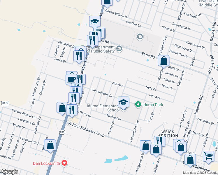 map of restaurants, bars, coffee shops, grocery stores, and more near 4107 Ethel Avenue in Killeen