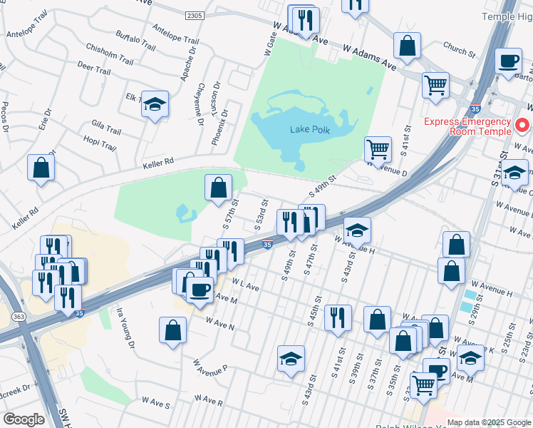 map of restaurants, bars, coffee shops, grocery stores, and more near 721 South 53rd Street in Temple