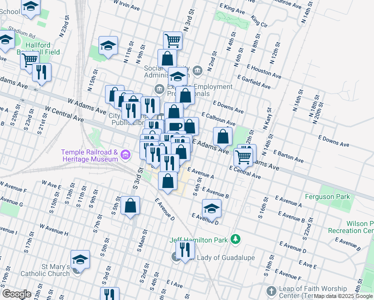 map of restaurants, bars, coffee shops, grocery stores, and more near 156 East Central Avenue in Temple