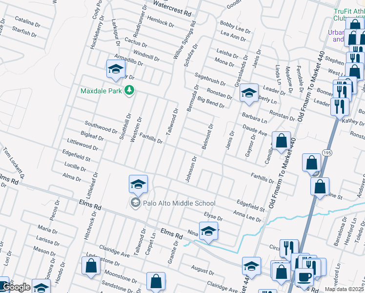 map of restaurants, bars, coffee shops, grocery stores, and more near 1803 Farhills Drive in Killeen