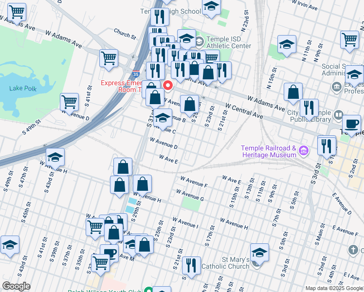map of restaurants, bars, coffee shops, grocery stores, and more near 318 South 25th Street in Temple