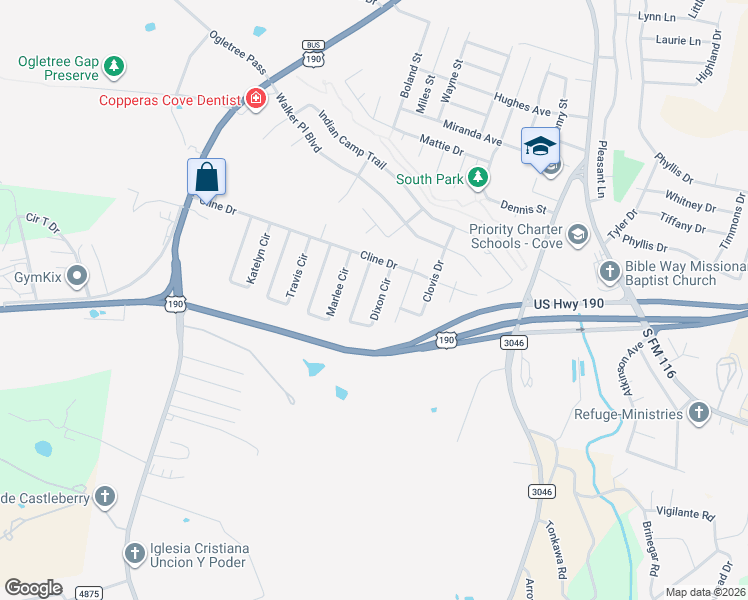 map of restaurants, bars, coffee shops, grocery stores, and more near 1116 Dixon Circle in Copperas Cove