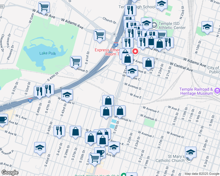map of restaurants, bars, coffee shops, grocery stores, and more near 504 South 31st Street in Temple