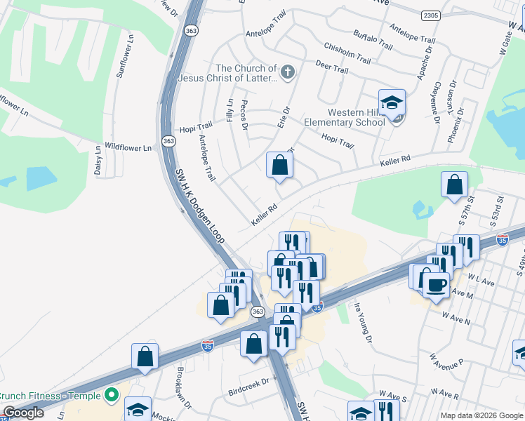 map of restaurants, bars, coffee shops, grocery stores, and more near 4402 Southwest H K Dodgen Loop in Temple
