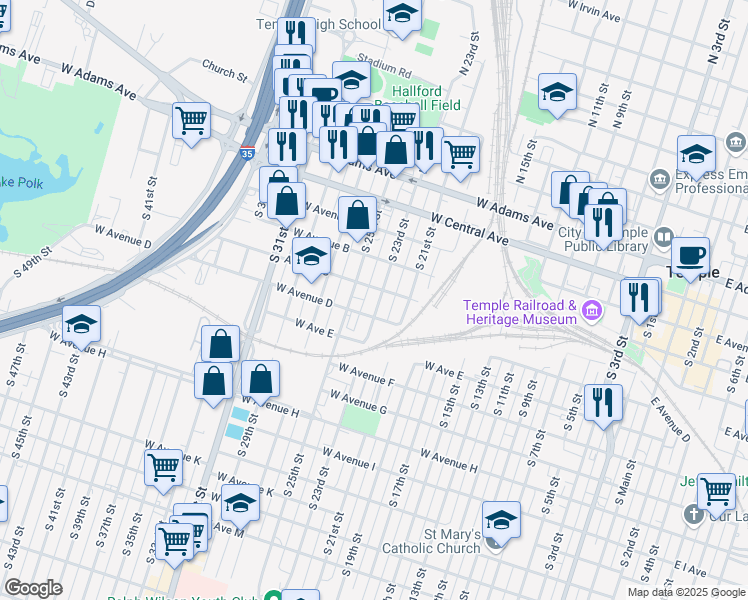 map of restaurants, bars, coffee shops, grocery stores, and more near 310 South 23rd Street in Temple