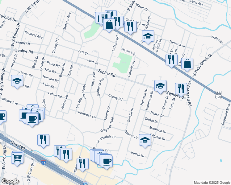 map of restaurants, bars, coffee shops, grocery stores, and more near 3301 Cherry Road in Killeen