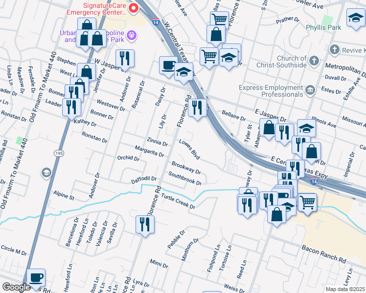 map of restaurants, bars, coffee shops, grocery stores, and more near 110 Lowes Boulevard in Killeen