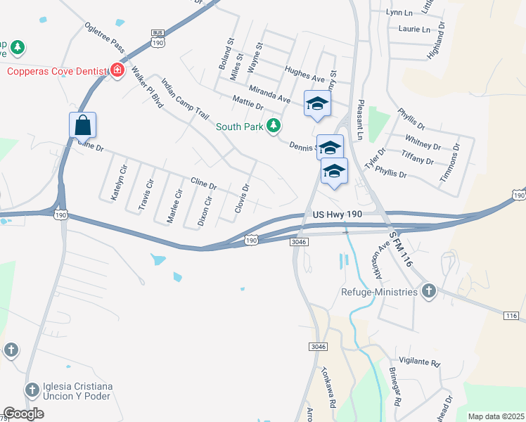 map of restaurants, bars, coffee shops, grocery stores, and more near 2504 Farm to Market Road 3046 in Copperas Cove