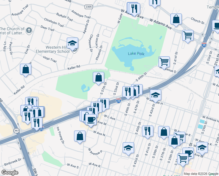 map of restaurants, bars, coffee shops, grocery stores, and more near 2806 H Avenue in Temple