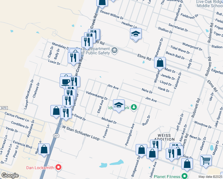 map of restaurants, bars, coffee shops, grocery stores, and more near 4103 Esta Lee Avenue in Killeen