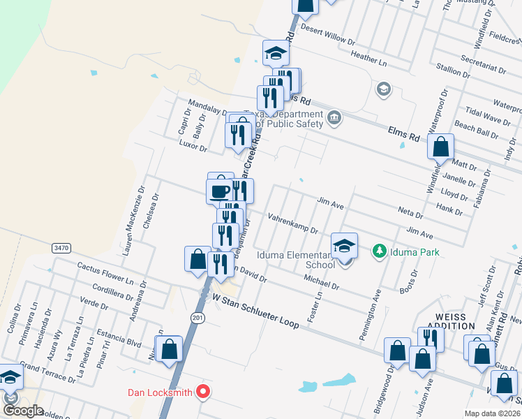 map of restaurants, bars, coffee shops, grocery stores, and more near 5405 Jim Avenue in Killeen