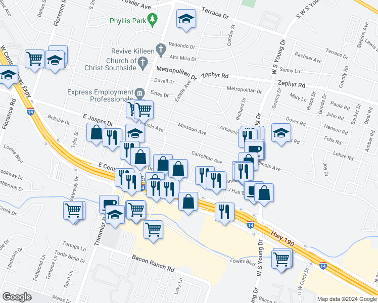 map of restaurants, bars, coffee shops, grocery stores, and more near 1315 Carrollton Avenue in Killeen