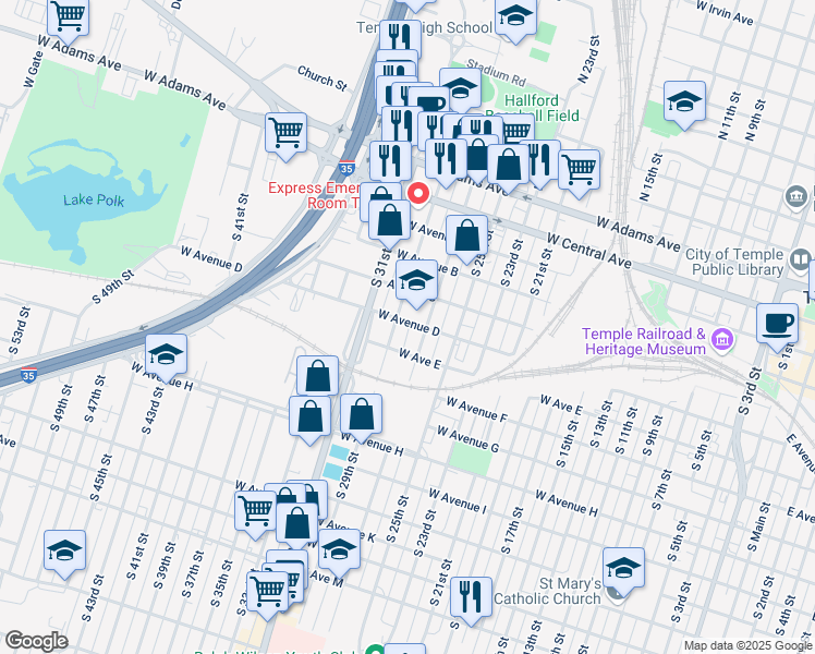 map of restaurants, bars, coffee shops, grocery stores, and more near 1411 West Avenue D in Temple
