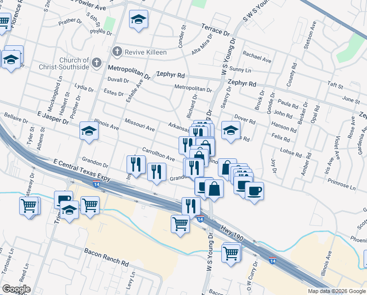 map of restaurants, bars, coffee shops, grocery stores, and more near 1613 Illinois Avenue in Killeen