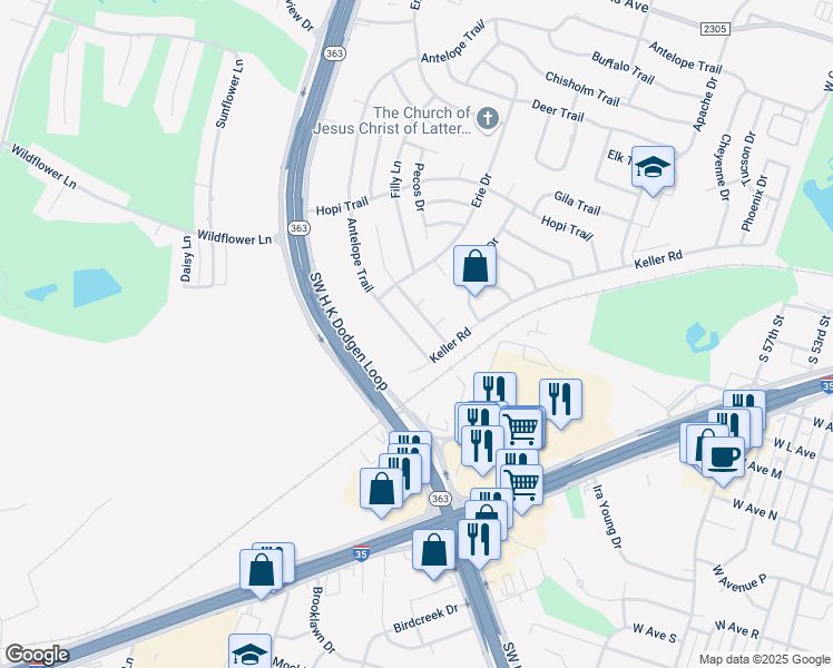 map of restaurants, bars, coffee shops, grocery stores, and more near 4402 Southwest H K Dodgen Loop in Temple