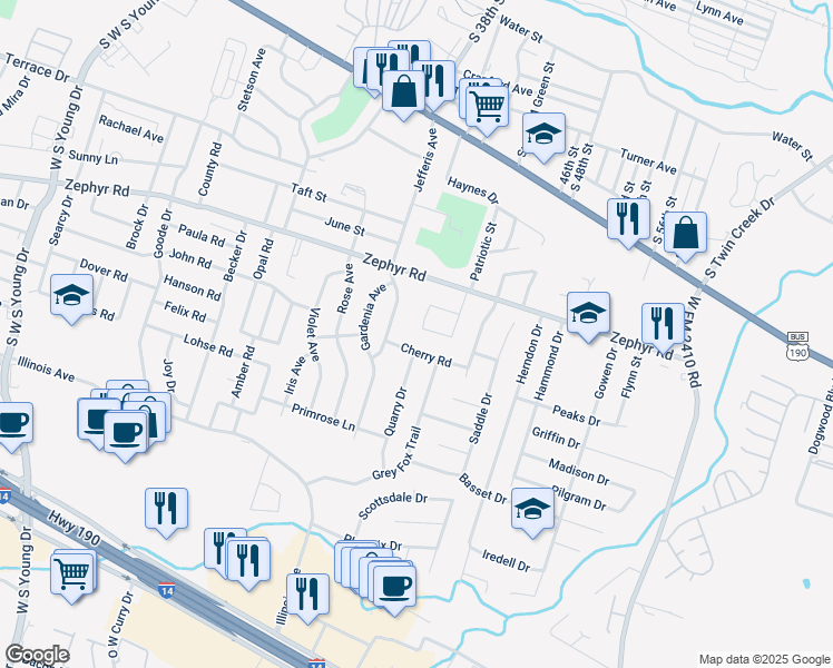 map of restaurants, bars, coffee shops, grocery stores, and more near 3301 Cherry Road in Killeen