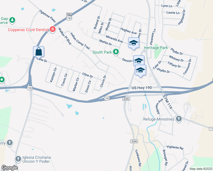 map of restaurants, bars, coffee shops, grocery stores, and more near U.S. 190 in Copperas Cove