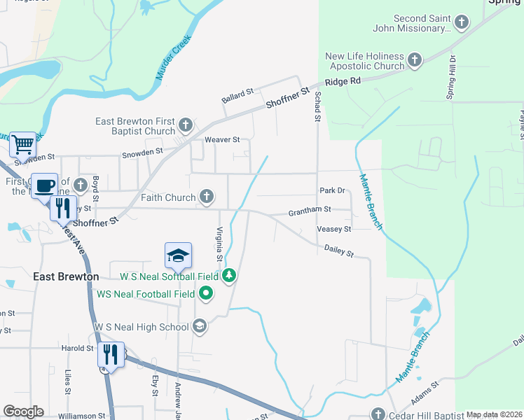 map of restaurants, bars, coffee shops, grocery stores, and more near 904-908 Dailey Street in East Brewton