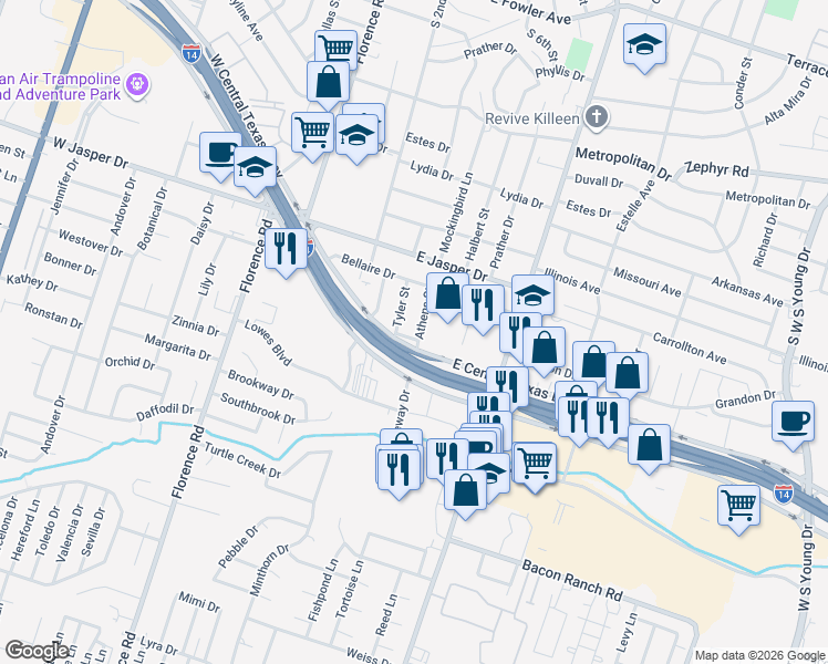 map of restaurants, bars, coffee shops, grocery stores, and more near 2307 Athens Street in Killeen