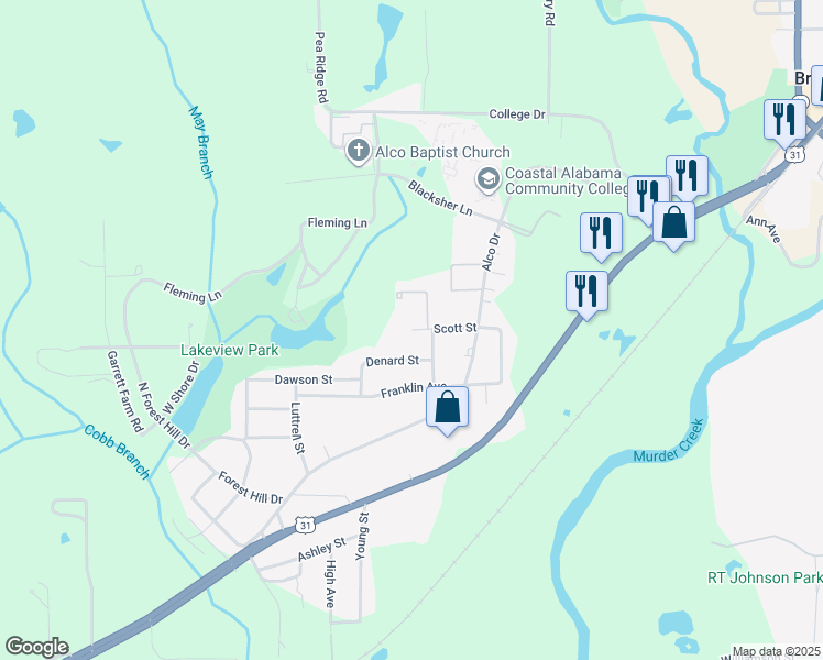 map of restaurants, bars, coffee shops, grocery stores, and more near 398 Scott Street in Brewton