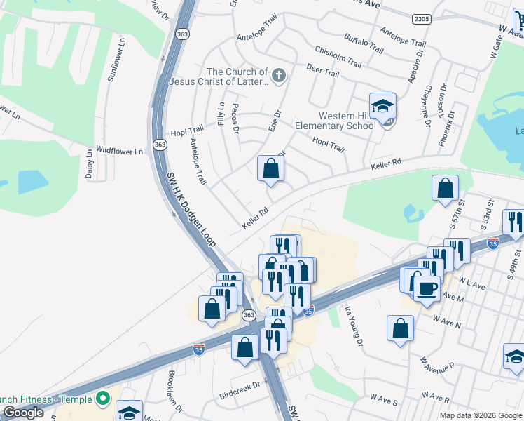 map of restaurants, bars, coffee shops, grocery stores, and more near 3805 Keller Road in Temple